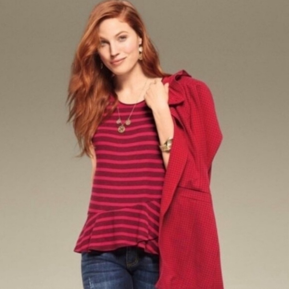 CAbi Sweet Talk Tee Women’s Size L Garnet Red Stripe Short Sleeve Shirt Peplum